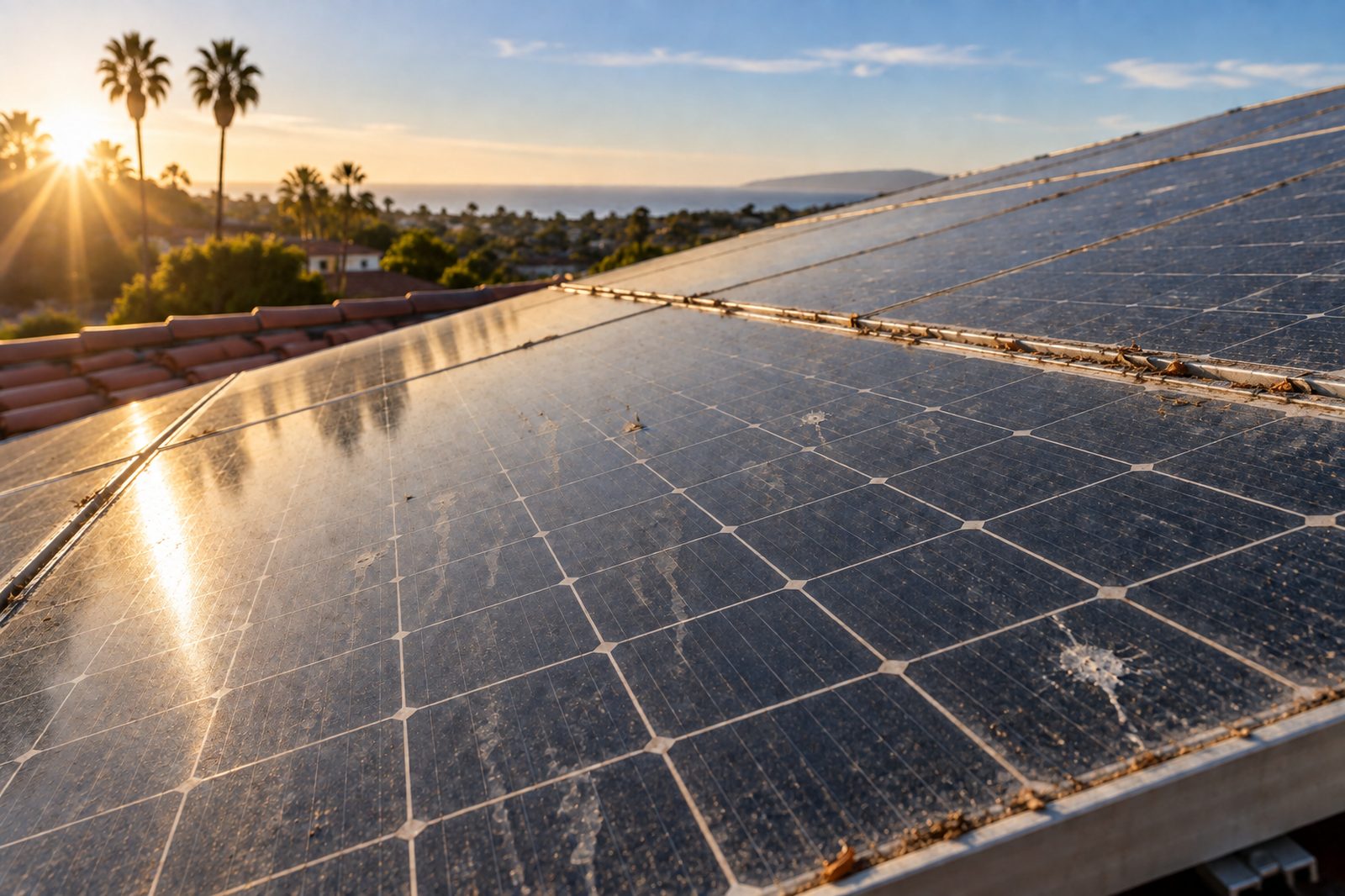 The same solar panels before cleaning: hazy with dust, water spots, streaks and debris on the frame