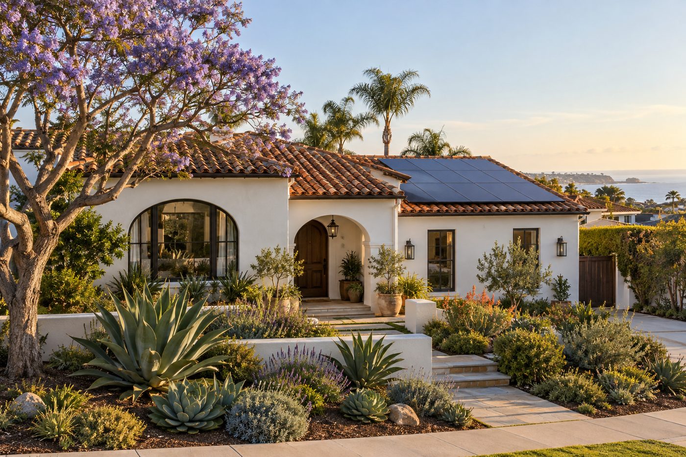 A San Diego stucco home with a terracotta roof and a clean solar array