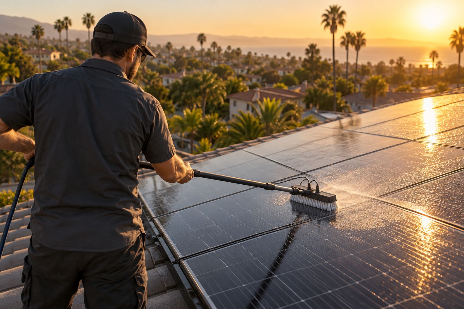 A technician cleaning a rooftop solar array with a long brush in golden evening light